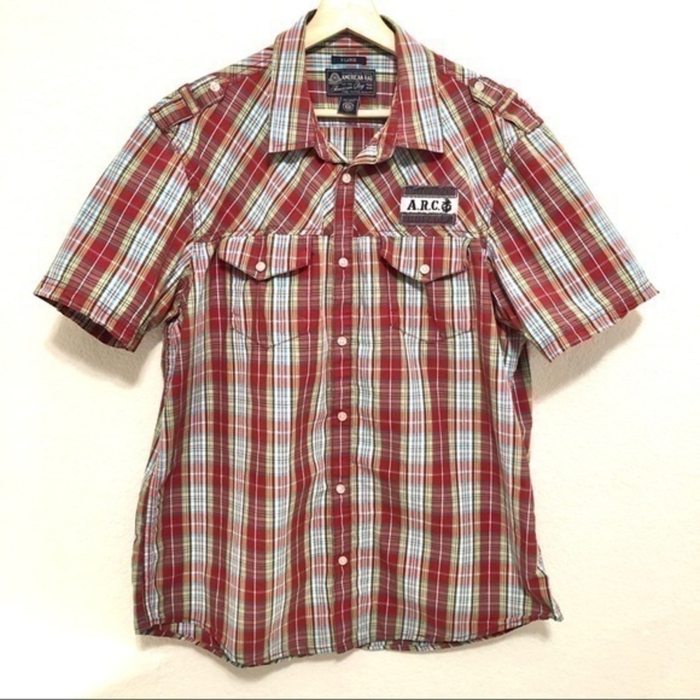 AMERICAN RAG RED MULTICOLOR PLAID SHORT SLEEVE BUTTON UP SHIRT XL